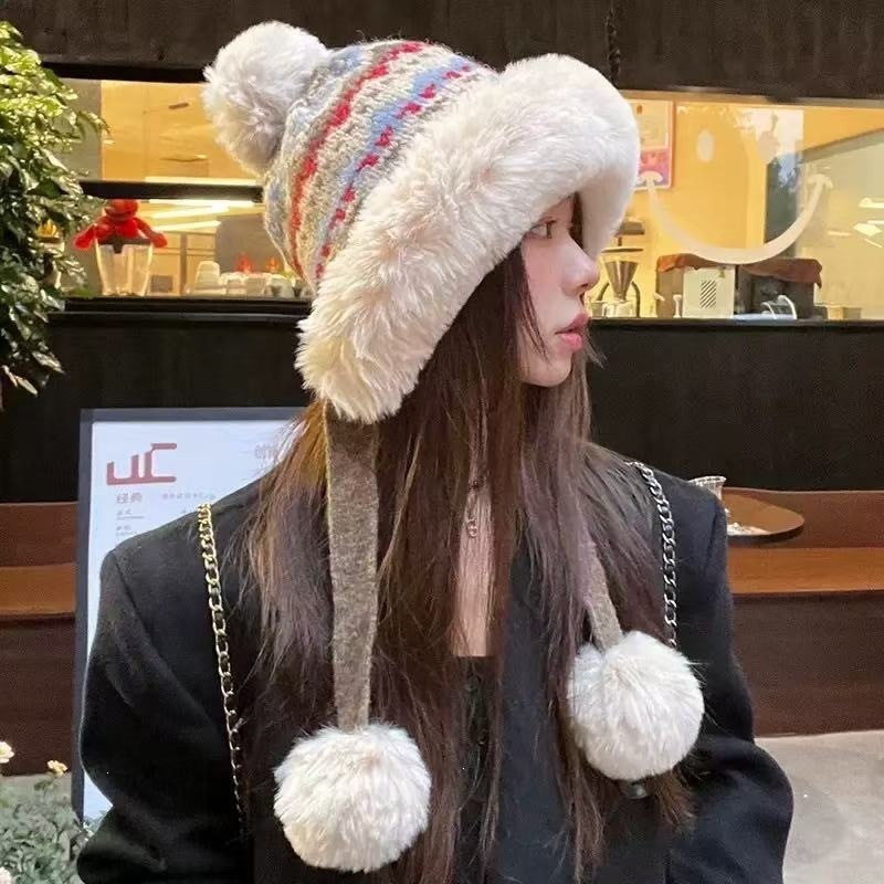 Winter Trapper Hat - Topi Bomber Wanita Motif Fair Isle,